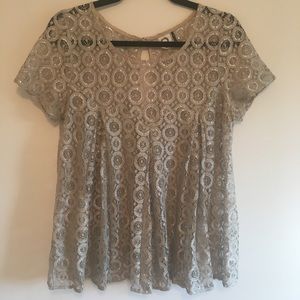 Anthropologie Metallic Silver Lace Babydoll Blouse